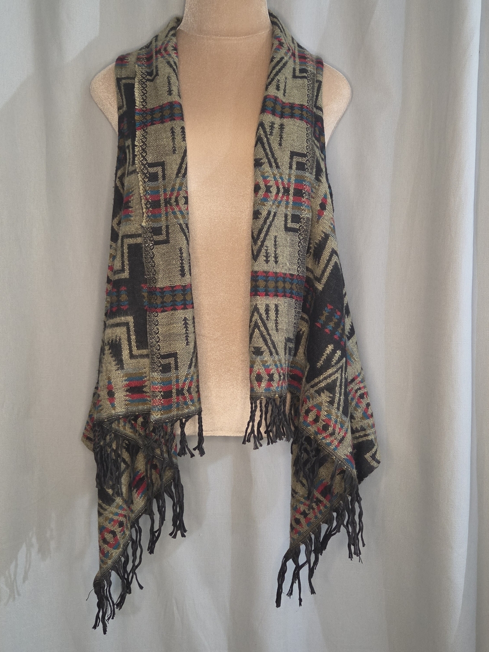 Raj Boho Fringe Tribal Pattern Wrap Vest - Black & Olive One Size